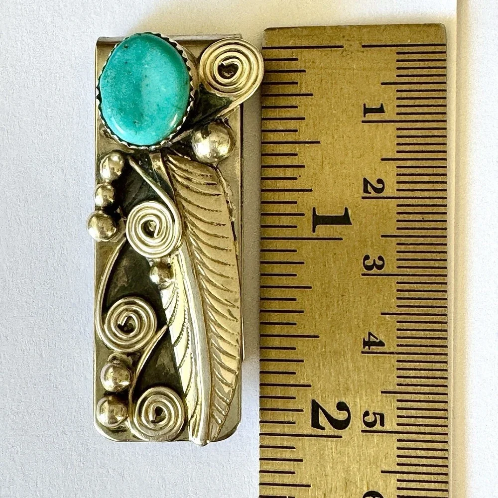 Navajo Natural Turquoise Money Clip Silver 2in Mens Gift Handmade Sally Arviso